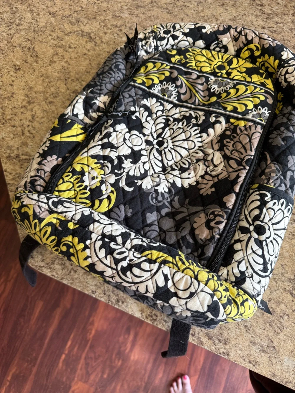 Vera Bradley Black, White & Yellow Quilted Floral Backpack